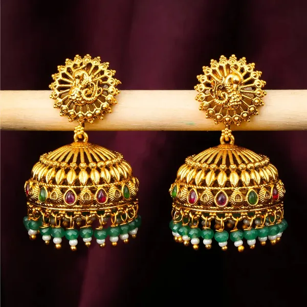 Temple_Jhumka_Earrings_With_Pink_Stones_Green_Beads_R_2233_Green