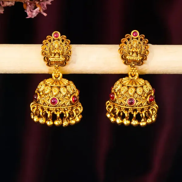 Antique_Temple_Jhumka_Earrings_With_Pink_Stone_Accents_R_1243_Red