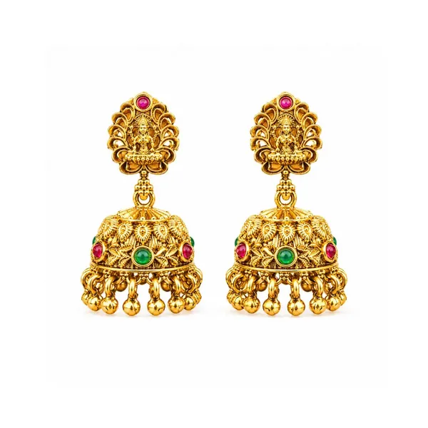 Antique_Temple_Jhumka_Earrings_With_Pink_Stone_Accents_R_1243_Green