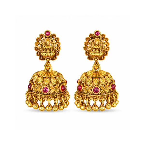 Antique_Temple_Jhumka_Earrings_With_Pink_Stone_Accents_R_1243_Green