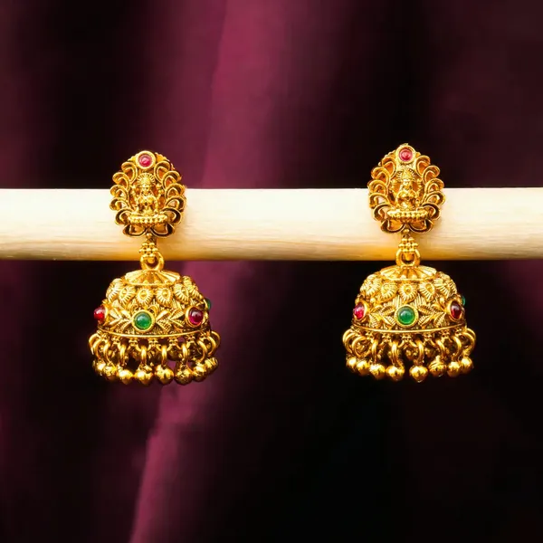 Antique_Temple_Jhumka_Earrings_With_Pink_Stone_Accents_R_1243_Green