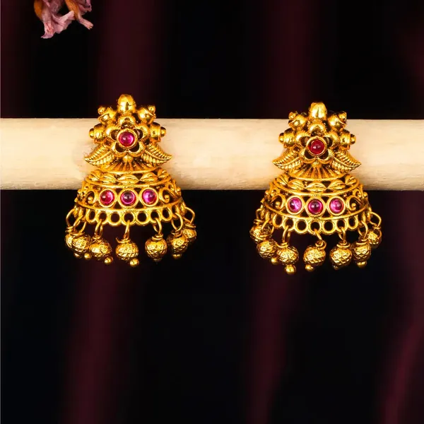 Antique_Gold_Plated_Temple_Jhumka_With_Floral_Motif_R_2263_Red