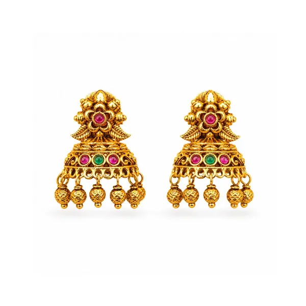 Antique_Gold_Plated_Temple_Jhumka_With_Floral_Motif_R_2263_Green