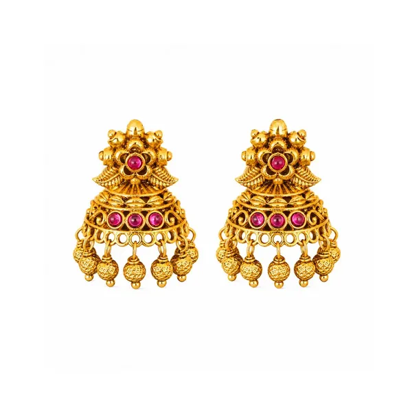 Antique_Gold_Plated_Temple_Jhumka_With_Floral_Motif_R_2263_Green
