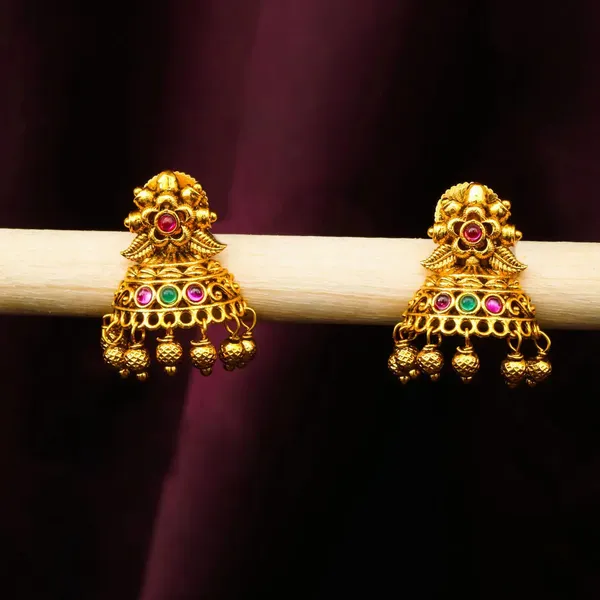 Antique_Gold_Plated_Temple_Jhumka_With_Floral_Motif_R_2263_Green