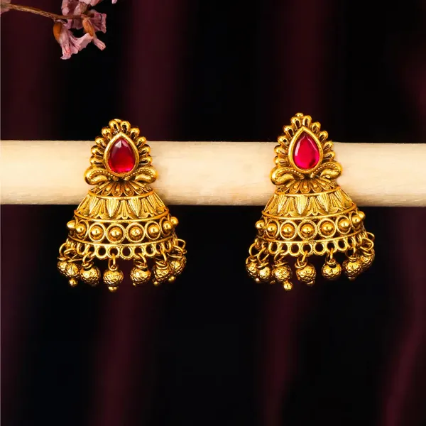Antique_Gold_Plated_Jhumka_With_Red_Stone_Detailing_V_1663_Red