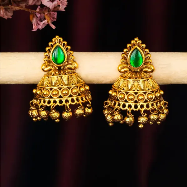 Antique_Gold_Plated_Jhumka_With_Red_Stone_Detailing_V_1663_Green