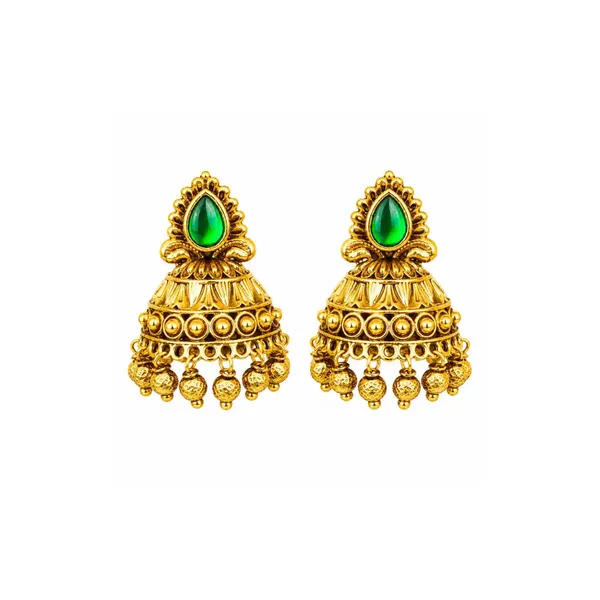 Antique_Gold_Plated_Jhumka_With_Red_Stone_Detailing_V_1663_Green