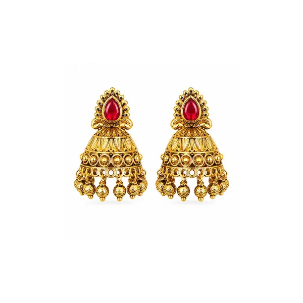 Antique_Gold_Plated_Jhumka_With_Red_Stone_Detailing_V_1663_Green