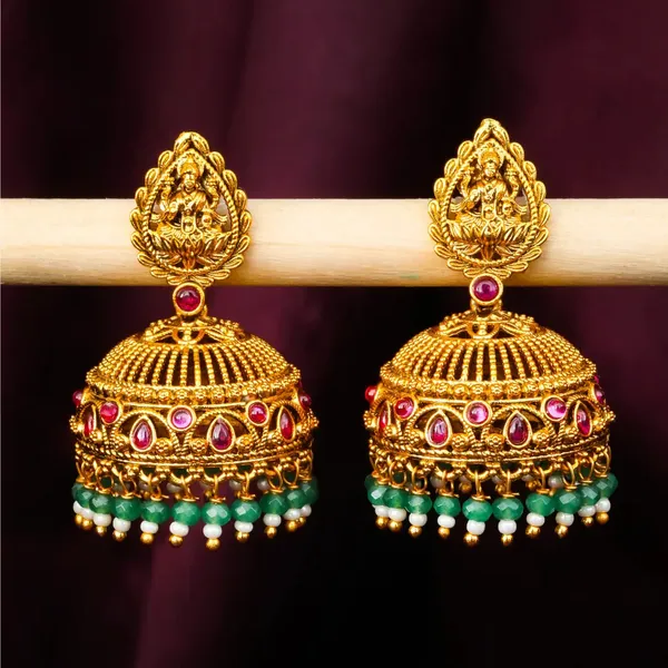 Antique_Temple_Jhumkas_With_Green_Beads_R_2229_Red