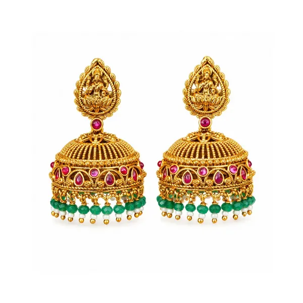 Antique_Temple_Jhumkas_With_Green_Beads_R_2229_Green
