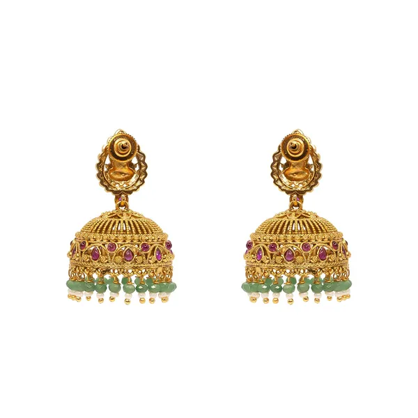 Antique_Temple_Jhumkas_With_Green_Beads_R_2229_Green