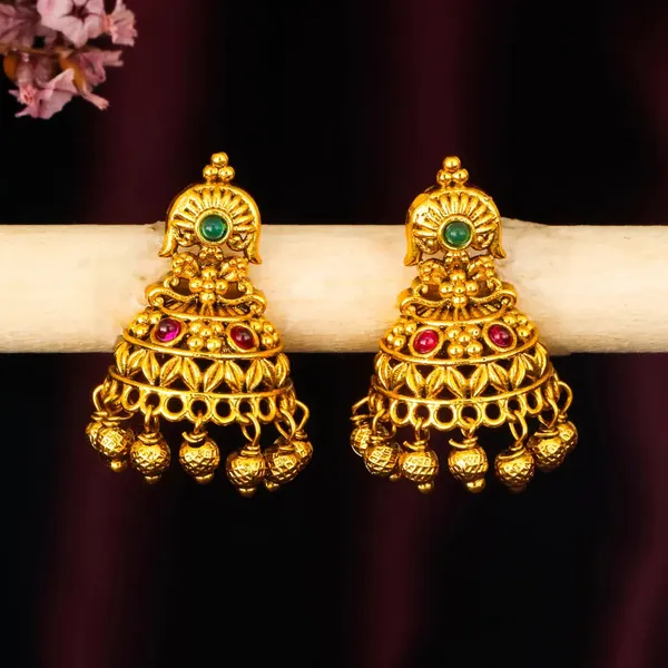 Bridal_Temple_Jhumkas_With_Gold_Plated_V_2258_Green