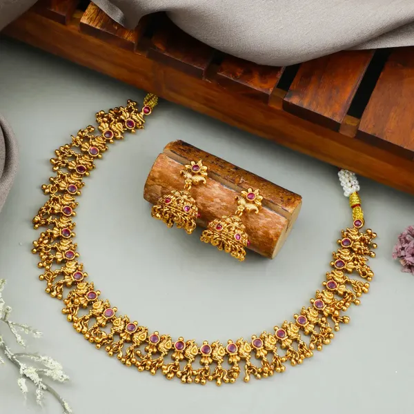 Antique_Temple_Combo_Necklace_Set_With_Red_Green_Stones_Red