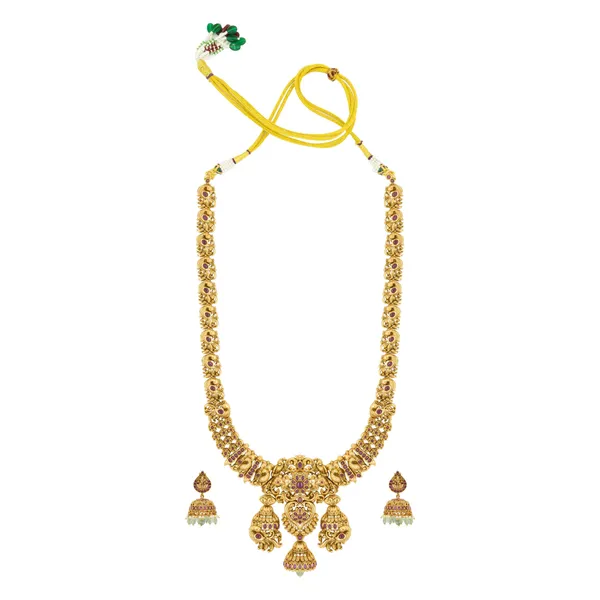 Antique_Temple_Long_Necklace_Set_With_Laxmi_Motif_Jhumka_Drops_Red