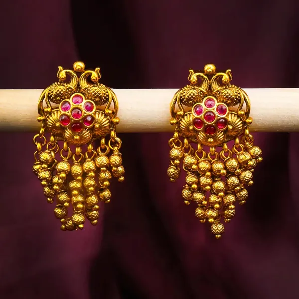 Peacock_Design_Gold_Plated_Jhumka_With_Pink_Stones_T_70_Red