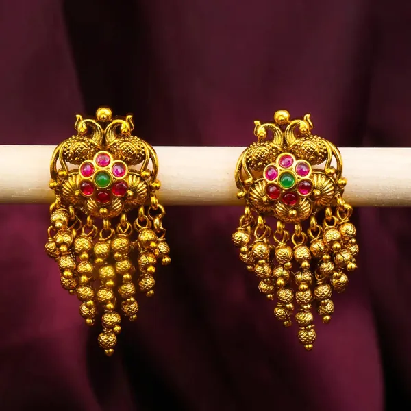 Peacock_Design_Gold_Plated_Jhumka_With_Pink_Stones_T_70_Green