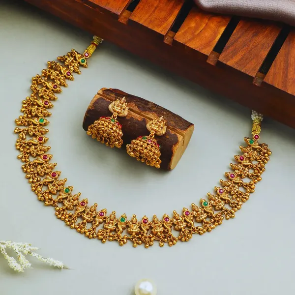Antique_Gold_Plated_Temple_Necklace_Set_Bridal_Short_Design_K_1835_Green