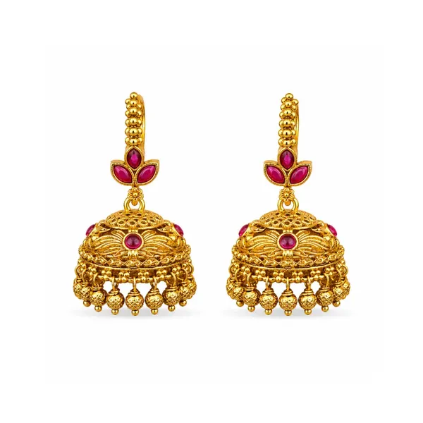 Temple_Gold_Plated_Jhumka_With_Leaf_Petal_Design_Pink_Green_Stones_R_1909_Red