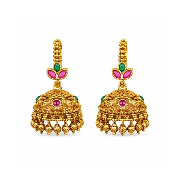 Temple_Gold_Plated_Jhumka_With_Leaf_Petal_Design_Pink_Green_Stones_R_1909_Red