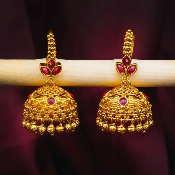 Temple_Gold_Plated_Jhumka_With_Leaf_Petal_Design_Pink_Green_Stones_R_1909_Red