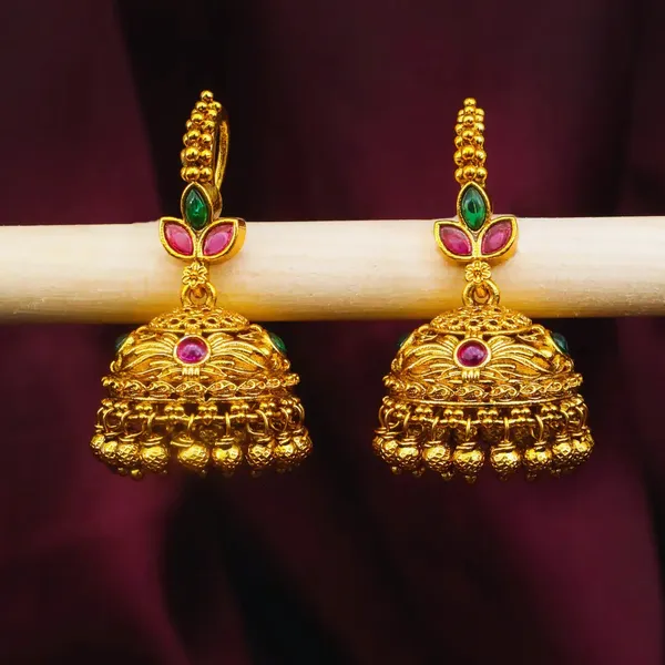 Temple_Gold_Plated_Jhumka_With_Leaf_Petal_Design_Pink_Green_Stones_R_1909_Green
