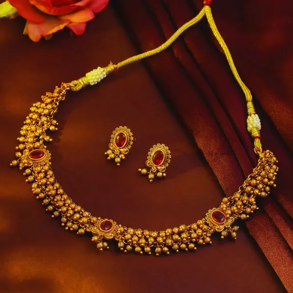 Bridal_Temple_Short_Necklace_Set_Antique_Gold_Plated_Ruby_Design_Red