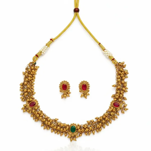 Bridal_Temple_Short_Necklace_Set_Antique_Gold_Plated_Ruby_Design_Green