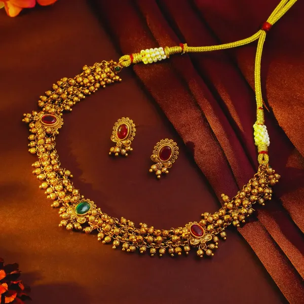 Bridal_Temple_Short_Necklace_Set_Antique_Gold_Plated_Ruby_Design_Green