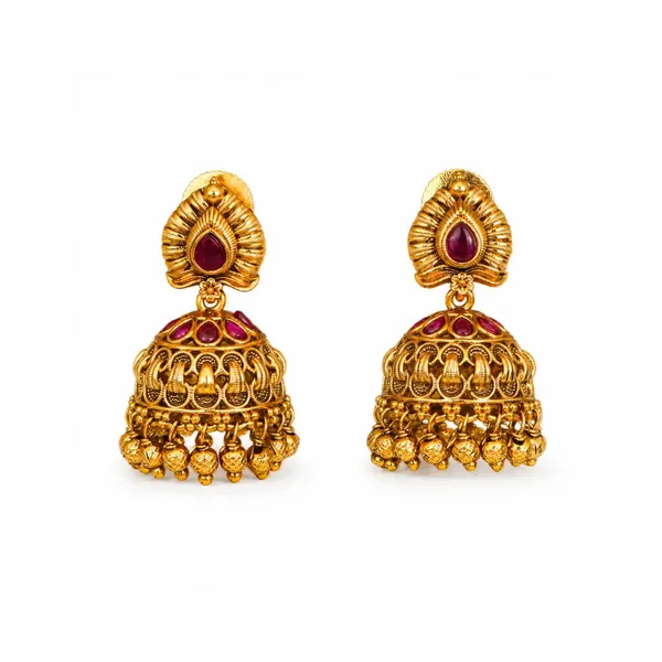 Lightweight_Minimal_Temple_Jhumka_Gold_Plated_Ruby_Work_R_2348_Red