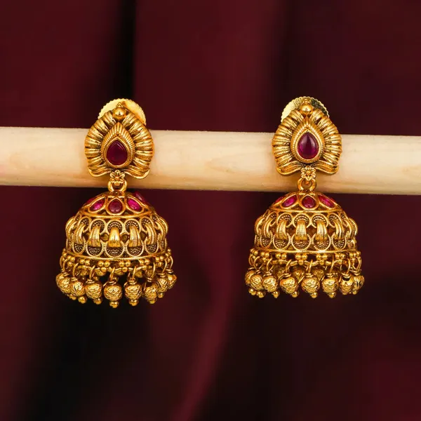Lightweight_Minimal_Temple_Jhumka_Gold_Plated_Ruby_Work_R_2348_Red