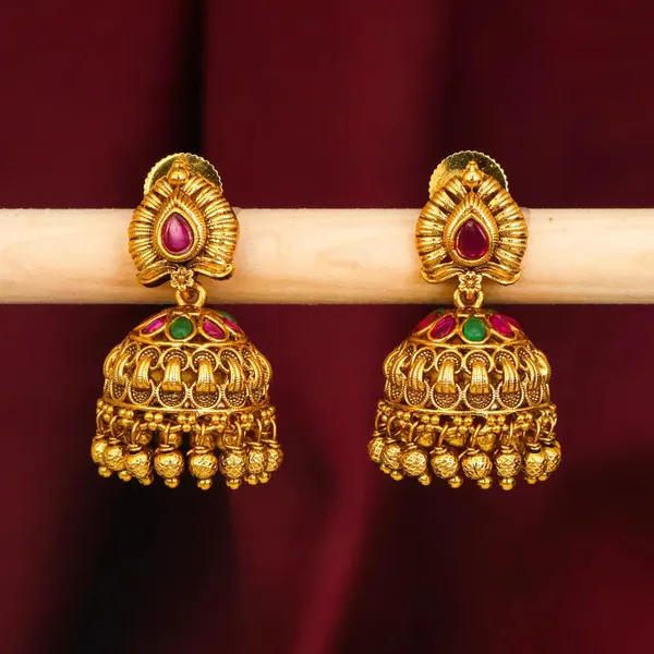 Lightweight_Minimal_Temple_Jhumka_Gold_Plated_Ruby_Work_R_2348_Green