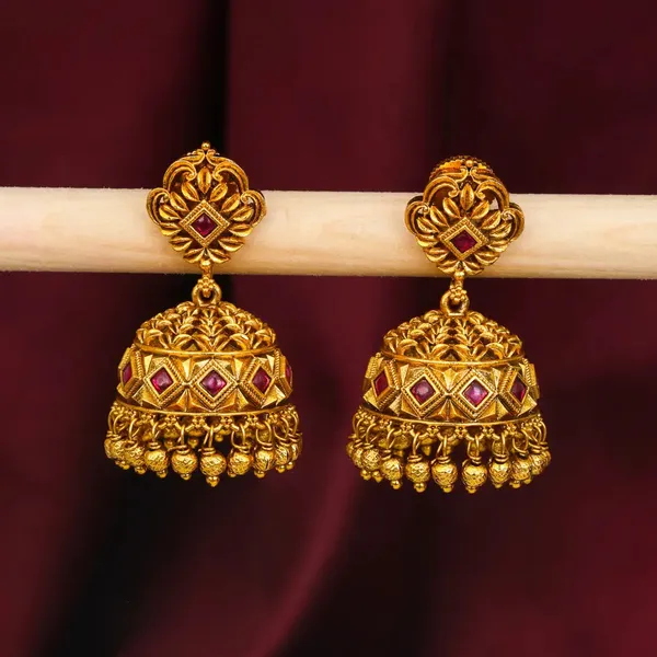 Minimal_Gold_Temple_Jhumkas_Lightweight_Ruby_Accent_Earring_R_1156_Red