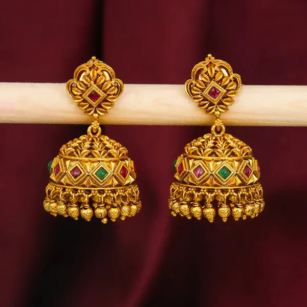 Minimal_Gold_Temple_Jhumkas_Lightweight_Ruby_Accent_Earring_R_1156_Green