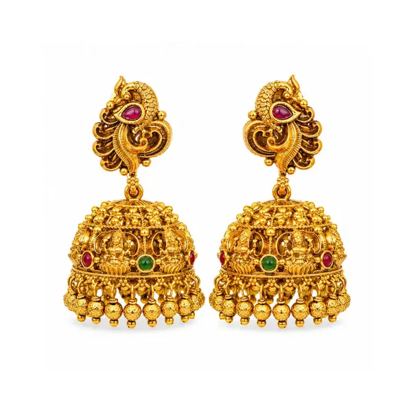 South_Indian_Peacock_Temple_Jhumkas_Antique_Gold_Bridal_Style_V_675_Red