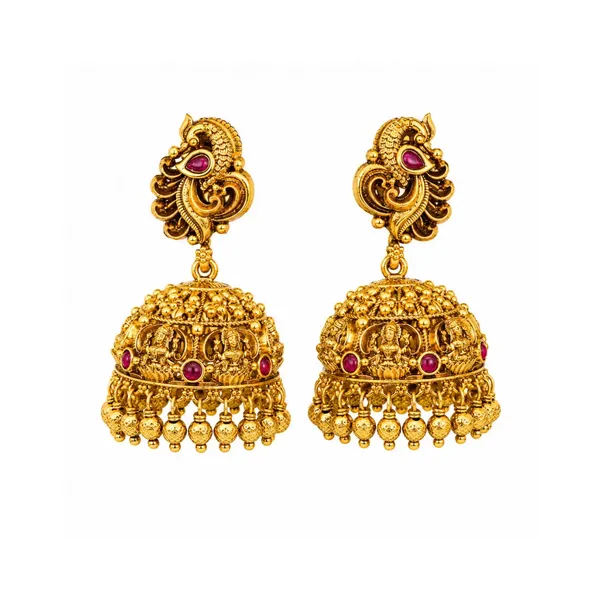 South_Indian_Peacock_Temple_Jhumkas_Antique_Gold_Bridal_Style_V_675_Red