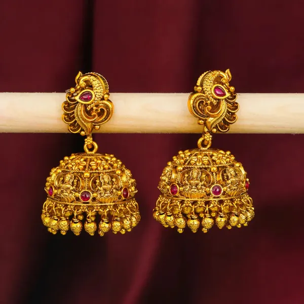 South_Indian_Peacock_Temple_Jhumkas_Antique_Gold_Bridal_Style_V_675_Red