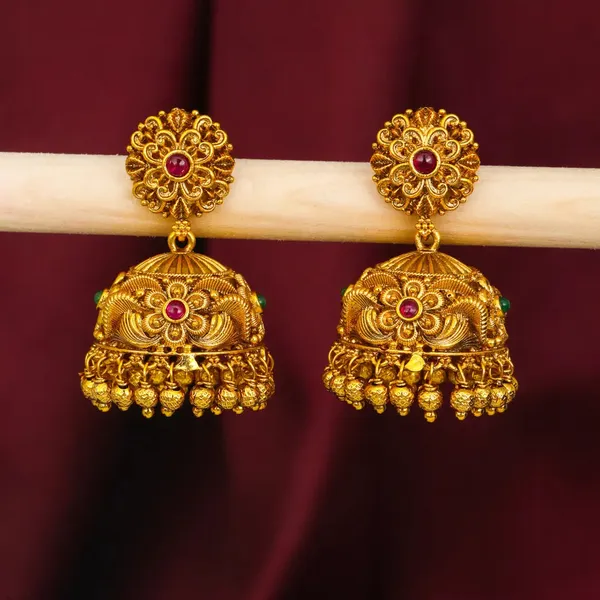 Classic_Temple_Floral_Jhumkas_Gold_Plated_Ethnic_Earring_R_1725_Red