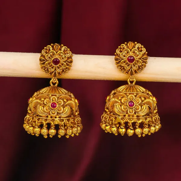 Classic_Temple_Floral_Jhumkas_Gold_Plated_Ethnic_Earring_R_1725_Green