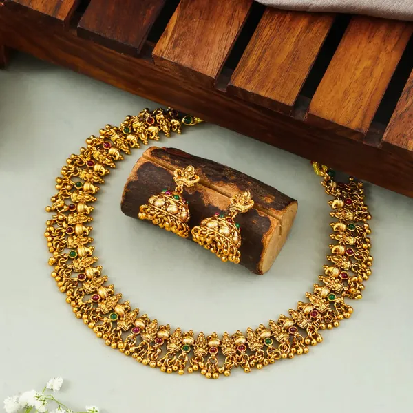 Everyday_Minimal_Short_Necklace_Set_Gold_Plated_Ethnic_Style_K_1565_Green