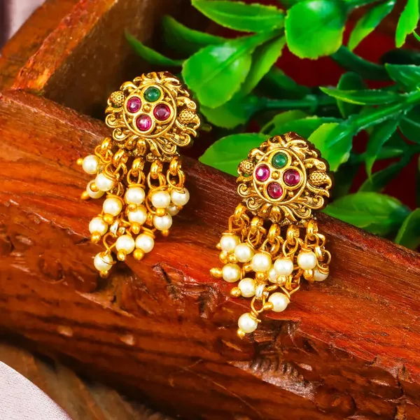 Minimalist_Temple_Bali_Earrings_Gold_Plated_Ruby_Emerald_Design_R_2155_Green