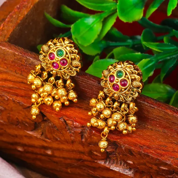 Minimalist_Temple_Bali_Earrings_Gold_Plated_Ruby_Emerald_Design_R_2155_Gold_Green