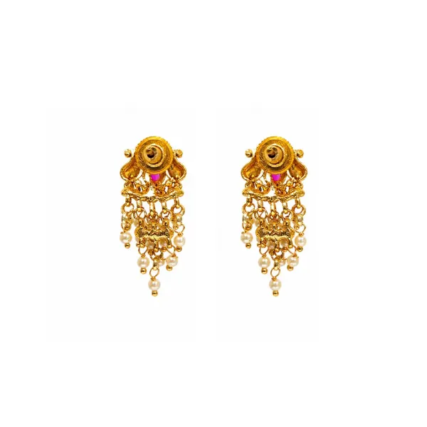 Antique_Gold_Minimal_Bali_Earrings_Pearl_Drop_Temple_Style_R_2156_Red