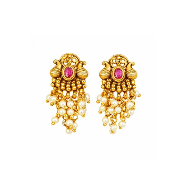 Antique_Gold_Minimal_Bali_Earrings_Pearl_Drop_Temple_Style_R_2156_Red