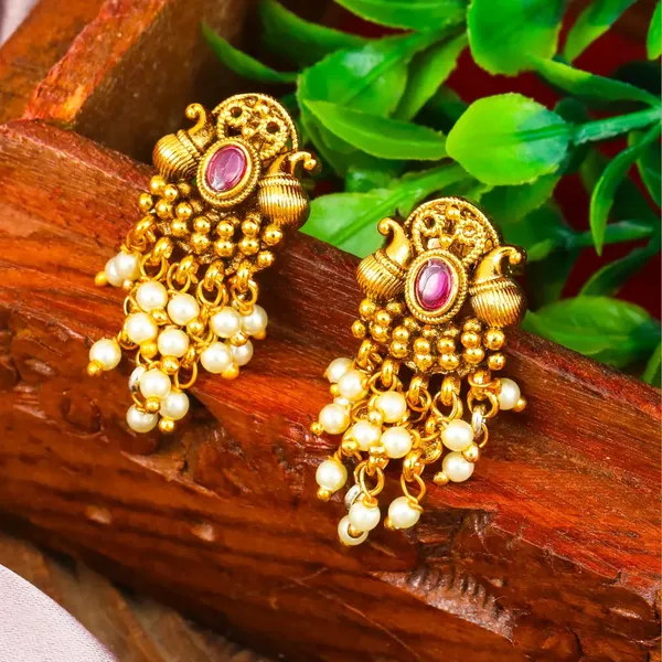 Antique_Gold_Minimal_Bali_Earrings_Pearl_Drop_Temple_Style_R_2156_Red