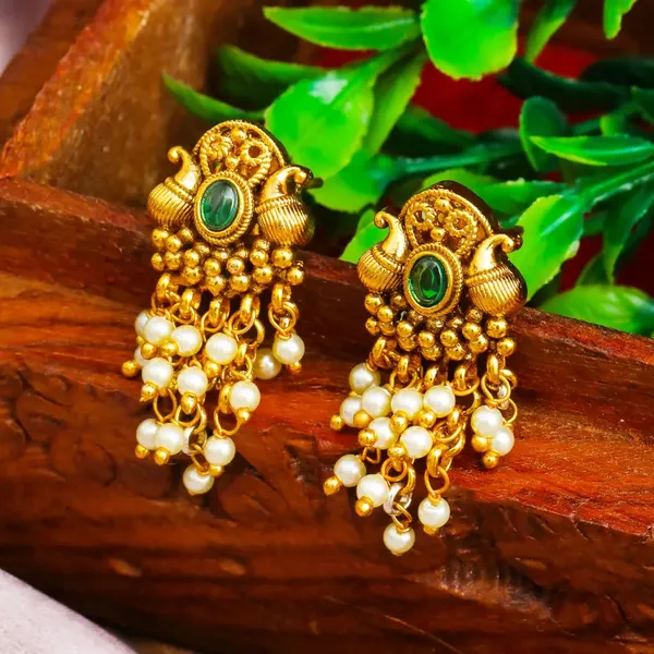 Antique_Gold_Minimal_Bali_Earrings_Pearl_Drop_Temple_Style_R_2156_Green