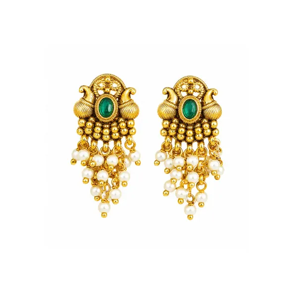 Antique_Gold_Minimal_Bali_Earrings_Pearl_Drop_Temple_Style_R_2156_Green