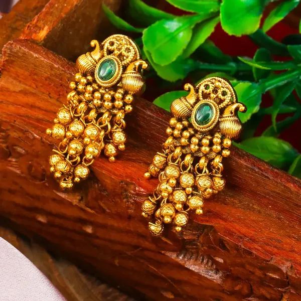 Antique_Gold_Minimal_Bali_Earrings_Pearl_Drop_Temple_Style_R_2156_Gold_Green