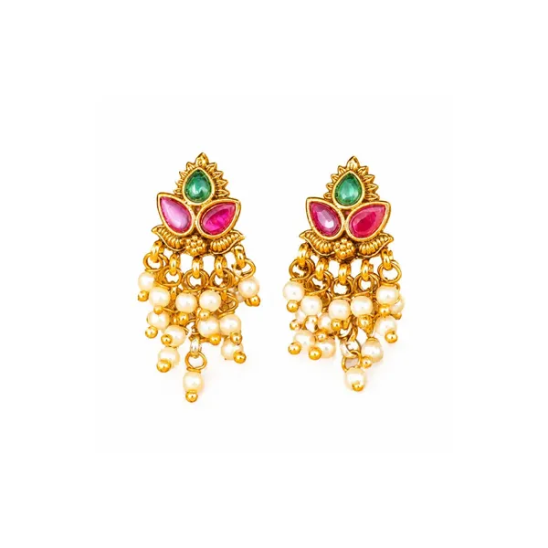 South_Indian_Temple_Bali_Earrings_Minimalist_Pearl_Cluster_Look_T_73_Gold_Red