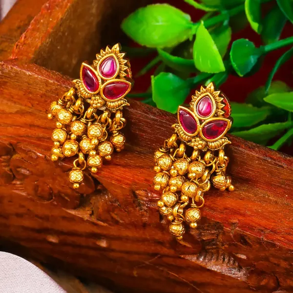 South_Indian_Temple_Bali_Earrings_Minimalist_Pearl_Cluster_Look_T_73_Gold_Red